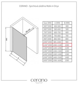 Cerano Onyx, sprchová zástena Walk-in 110x200 cm,8 mm číre sklo, čierny profil, CER-CER-DY101B-110-200