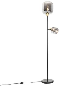Stojaca lampa čierna so zlatom s dymovým sklom 2-svetlo - Zuzanna