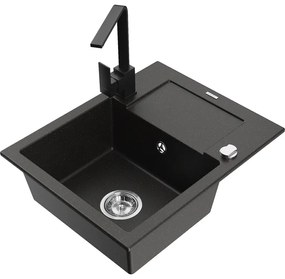 Mexen Enzo, granitový drez 576x465x174 mm, 1-komorový a čierna batéria Rita, čierna-zlatá metalíza, 6506-75-670300-70