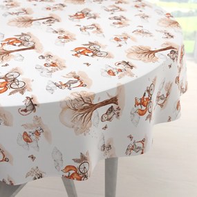 Biante Detský bavlnený okrúhly obrus Sandra SA-696 Líšky na bicykloch - hnedé na bielom Ø 100 cm