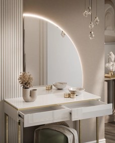 TOALETNÝ STOLÍK NESSIE BIELY LESK PRAVÝ + ZLATÝ PODSTAVEC + ZRKADLO POLMESIAC