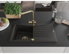 Mexen Cesar, granitový drez 775x470x190 mm, 1-komorový a zlatá batéria Duero, čierna - zlatá metalíza, 6514-75-671600-50