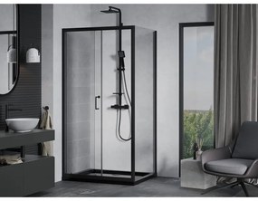 Mexen Apia, sprchový kút s posuvnými dverami 100 (dvere) x 80 (stena) cm, 6mm číre sklo, čierny profil + čierna sprchová vanička s čiernym sifónom, 840-100-080-70-00-4070B