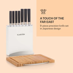 Klarstein Kitano Plus, sada nožov, 9-dielna, drevený stojan, bambusová krájacia doska, biela