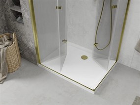 Mexen Lima Duo, sprchový kút so skladacími dverami 100 (dvere) x 90 (dvere) cm, 6mm číre sklo, zlatý profil + slim sprchová vanička biela + zlatý sifón, 856-100-090-50-02-4010G