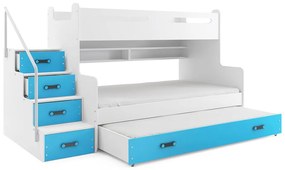 Detská poschodová posteľ s rozšíreným spodným lôžkom a prístelkou MAXÍK 3 bielo-modrá- 200x120 cm