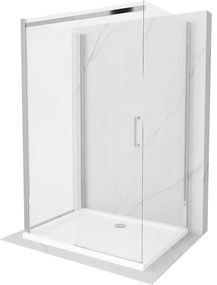 Mexen Omega, 3-stenový sprchovací kút s posuvnými dverami 110 (dvere) x 100 (stena) x 190 cm, 8mm číre sklo, chrómový profil + biela sprchová vanička SLIM, 825-110-100-01-00-3S-4010