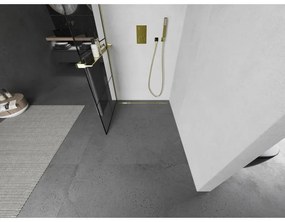 Mexen Kioto+, sprchová zástena s poličkou a držiakom na uteráky 90 x 200 cm, 8mm číre sklo vzor čierny, zlatý profil, 800-090-121-50-77