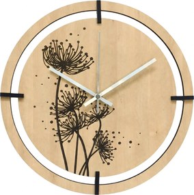 Drevené hodiny s gravírovanými púpavami | LEIKA: HDF - Zlatý Dub 30 cm 4807-115504 HDF0704-ruky-silver