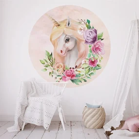 Gario Detská nálepka na stenu Unicorns and flowers - jednorožec a zelené listy so šiestimi ružami Rozmery: 70 x 70 cm