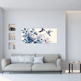 Obraz - Kolibríky nad kvetinou (120x50 cm)