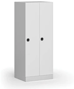 Šatníková skrinka znížená, 2 oddiely, 1500 x 600 x 500 mm, kódový zámok, laminované dvere, biela