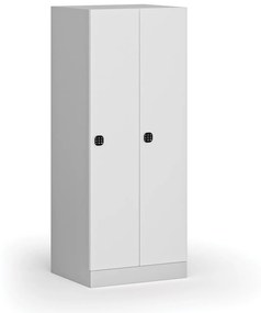 Šatníková skrinka znížená, 2 oddiely, 1500 x 600 x 500 mm, kódový zámok, laminované dvere, biela
