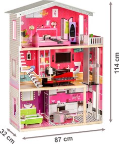 Drevený domček pre bábiky Malibu ECOTOYS – 3-poschodový s výťahom, 10-dielny nábytok