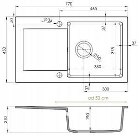 Sink Quality Ferrum, kuchynský granitový drez 770x450x190 mm + čierny sifón, biela, SKQ-FER.W.1KDO.XB