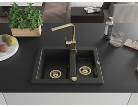 Mexen Carlos, 1,5-komorový granitový drez s odkvapkávačom 582x475x177 mm a zlatá kuchynská batéria Rita, čierna, 6518-77-670300-50