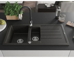 Mexen Andres, 1,5-komorový granitový drez 1000x500x200 mm a drezová batéria Savita, čierna-zlatá metalíza, 6515-75-672601-70