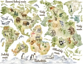 Akvarelová mapa sveta so zvieratkami detské nálepky na stenu výsledný rozmer 109 x 62 cm