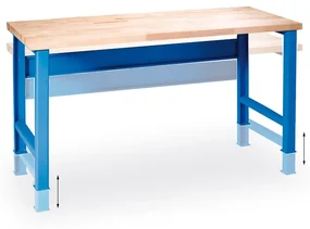 Výškovo nastaviteľný pracovný stôl do dielne GD, buková škárovka, 2000 x 685 x 850 - 1050 mm, modrá
