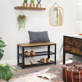 Lavička na topánky s 2 čiernymi sieťovanými policami, svetlá farba dreva