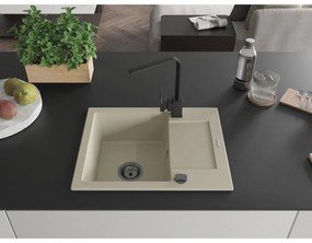 Mexen Enzo, granitový drez 576x465x174 mm, 1-komorový a čierna batéria Rita, béžová, 6506-69-670300-70
