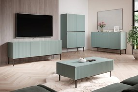 Komoda Nicole 150 cm trojdverová s ryhovaným čelom - šalviová / čierne nohy