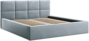 Svetlomodrá zamatová čalúnená dvojlôžková posteľ s úložným priestorom s roštom 140x200 cm Hiko – Makamii