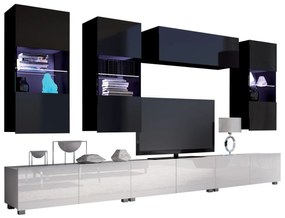 Obývacia stena Bralani XI, Farby: čierny + čierny lesk / biela + biely lesk, Osvetlenie: osvetlenie LED modré