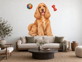 Anglický kokršpanel s loptičkou a kosťou realistické textilné nálepky na stenu pre milovníkov kokršpanelov arch 32 x 46 cm