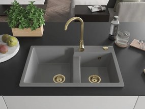Mexen Tomas, granitový drez 800x500x190 mm, 2-komorový, šedá so zlatým sifónom, 6516802000-71-G