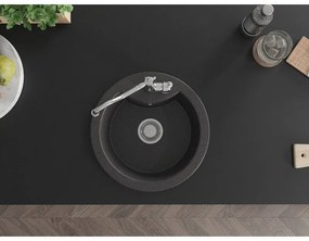 Mexen Diego, granitový drez 488x488x167 mm, 1-komorový a drezová batéria Carla, čierna škvrnitá, 6512-76-670700-00
