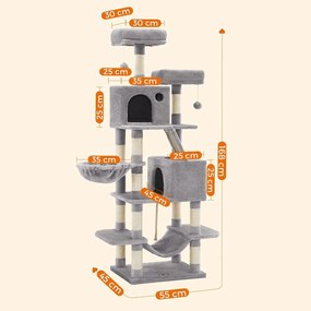 Veľký mačací strom, 168 cm vysoký, so 13 škrabadlami, svetlosivá farba