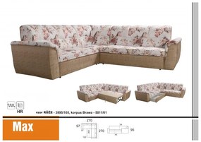 Rohová sedacia súprava MAX, ruže + hnedá (3995/105 + 2050/11)