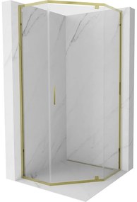 Mexen Exo, päťuholníkový výklopný sprchový kút 90 x 90 cm, číre sklo, zlatá, 812-090-090-50-00