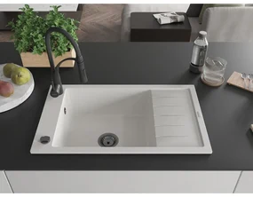 Mexen Elias, 1-komorový granitový drez 795x480x200 mm a drezová batéria Aster, biela, 6511-20-73450-70-B