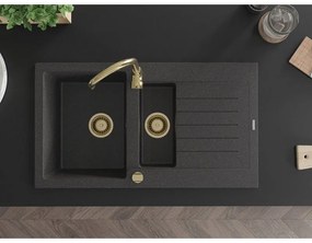 Mexen Matias, granitový drez 900x505x200 mm, 1,5-komorový a zlatá batéria Telma, čierna škvrnitá, 6502-76-670200-50