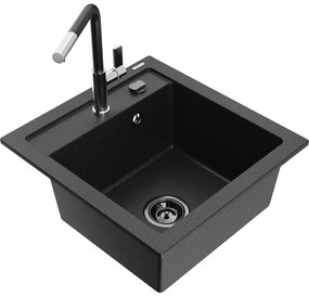 Mexen Vito, 1-komorový granitový drez 490x520x210 mm a drezová batéria Flora, čierna-strieborná metalíza, 6503-73-670401-07-B