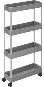 4-úrovňový úzky úložný vozík, regál na kolieskach, sivý