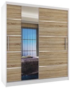 Šatníková skriňa 133 cm Belini biely mat / dub sonoma s posunými dverami zrkadlom a zásuvkami  MBP SZP6/1/W/DS/0/KLAL