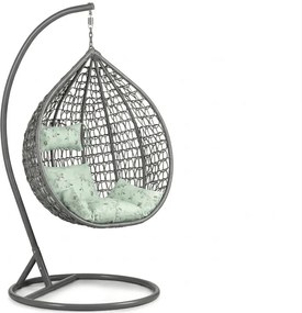 Sivé závesné kreslo KOKON so stojanom, svetlozelený vankúš so vzorom