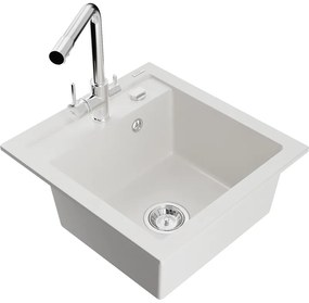 Mexen Vito, 1-komorový granitový drez 520x490x210 mm, chrómová batéria Duero, biela, 6503-20-671600-00