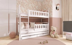 Detská poschodová posteľ z masívu BOHDANA s prístelkou a šuplíky - 200x90 cm - BIELA