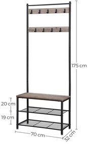 Kovová predsieňová stena INDUSTRY 175 cm, čierna/svetlohnedá