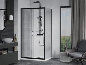 Mexen APIA, sprchový kút s posuvnými dverami 90 (dvere) x 100 (stena) cm, 5mm číre sklo, čierny profil + biela sprchová vanička, 840-090-100-70-00-4010B