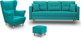 Sada Škandinávska Pohovka Lahti Kreslo Ušiak A Podnožka Tyrkysová