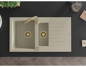 Mexen Matias, granitový drez 900x505x200 mm, 1,5-komorový a zlatá batéria Telma, béžová, 6502-69-670200-50