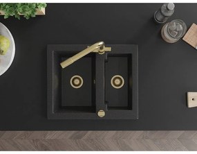 Mexen Carlos, 1,5-komorový granitový drez 582x475x177 mm a drezová batéria Duero, čierna-strieborná metalíza, 6518-73-671600-50