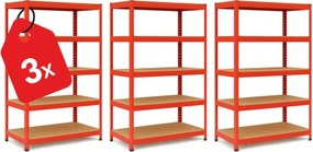 Akcia 3x Regál 180x90x30 cm lakovaný 5-policový, nosnosť 875 kg - červený