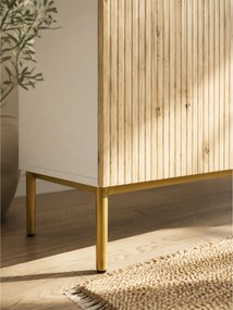 Biela štvordverová komoda Nicole 200 cm so zásuvkami - biely / dub artisan / zlaté nožičky