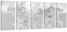 5-dielny obraz klasická mapa sveta v čiernobielom prevedení - 100x50
